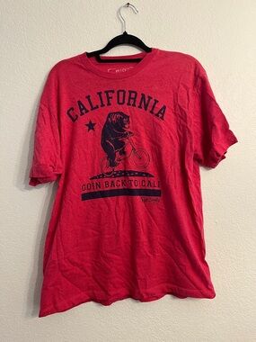 riot society red tee with navy California bear bike graphic